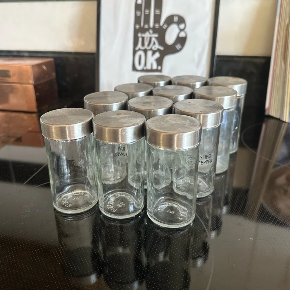 Williams Sonoma Set of 12 Clear Glass Spice Jars, Silver Lids